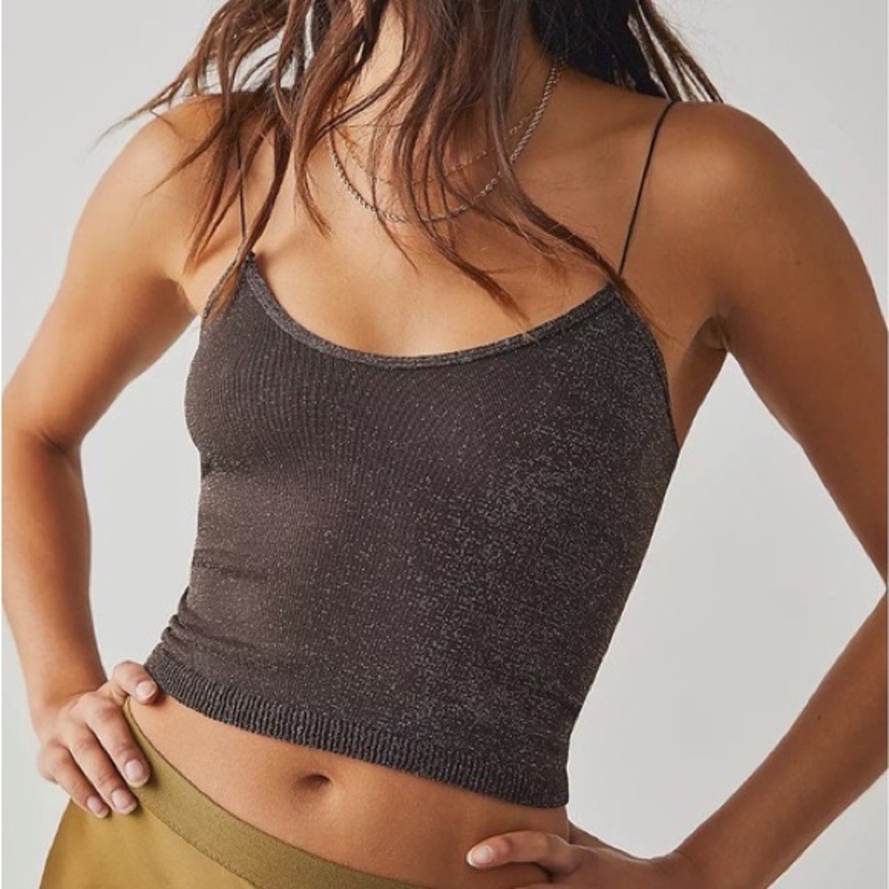 NWOT Free People Skinny Strap Seamless Brami in Black/ Navy with Gold Sparkles